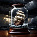 AI generated image of a medieval era ship in the midst of a tempest within a glass jar