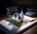 Miniature of a church on open book on a library wooden table. Image with shallow depth of field