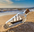 AI generated image of a miniature ship in a bottle in a sandy beach