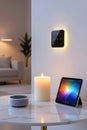 Smart Home Technology With Tablet And Voice Assistant In Modern Living Room Royalty Free Stock Photo