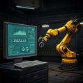 AI-Generated Image of Monitor Displaying Graphs Next to Yellow Robotic Arm on Factory Floor