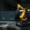 AI-Generated Image of Monitor Displaying Graphs Next to Yellow Robotic Arm on Factory Floor