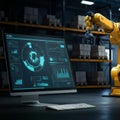 AI-Generated Image of Monitor Displaying Graphs Next to Yellow Robotic Arm on Factory Floor