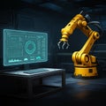 AI-Generated Image of Monitor Displaying Graphs Next to Yellow Robotic Arm on Factory Floor