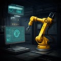AI-Generated Image of Monitor Displaying Graphs Next to Yellow Robotic Arm on Factory Floor
