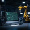 AI-Generated Image of Monitor Displaying Graphs Next to Yellow Robotic Arm on Factory Floor