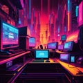 AI generated image of multiple computer systems and several communication devices in a futuristic world