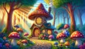 Enchanted Mushroom Cottage at Dawn in a Whimsical Forest