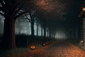 Mysterious Halloween charm: eerie streets, pumpkins, and lit scenes