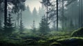 Mystical foggy forest with green moss and sunlight