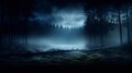 Mystical foggy forest landscape with dark blue sky and bright shining moon
