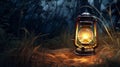 Mystical glowing lantern in the middle of a dark forest at night
