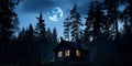 Mystical moonlit forest landscape with a mysterious cabin