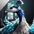 AI generated image of a mythical bird with bright blue eyes, silvery beak, blue and white feathers.