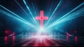 Neon cross on stage with smoke and rays of light. Royalty Free Stock Photo