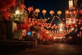 AI generated image. Night Chinatown decorated with lanterns and Dragons for Chinese Lunar New Year festival Royalty Free Stock Photo