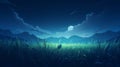 Night landscape with mountains and field of grass under starry sky in blue and green colors Royalty Free Stock Photo