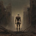 AI generated image of a nude male standing alone in the midst of an apocalypse Royalty Free Stock Photo