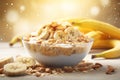 Oatmeal topped with sliced bananas healthy food background