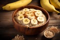 Oatmeal topped with sliced bananas healthy food background