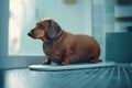Ai generated image of an obese dachshund on a scale