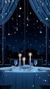 A digital painting of a romantic dinner table with a view of the night city.