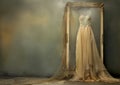 An ethereal, full-length, light gold wedding dress with crystal beading hangs in a decaying, gilded frame against a grungy backgr