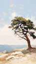 Oil painting of a lonely pine tree on a costal cliff against a cloudy sky Royalty Free Stock Photo