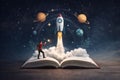 AI generated image of an open book launching a rocket into space symbolizing learning imagination innovation education future Royalty Free Stock Photo
