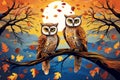 Owls perched on branches vector fall background