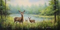 Painting of deer family standing in a lush green field near a lake on a foggy day