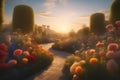 ai-generated image panoramic view of a vibrant flower garden illuminated by golden light