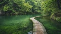 AI generated image of a pathway wooden bridge on a green pond surrounded by lush woods