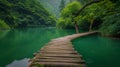 AI generated image of a pathway wooden bridge on a green pond surrounded by lush woods