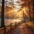 AI-Generated image of a peaceful forest trail in autumn at sunrise Royalty Free Stock Photo