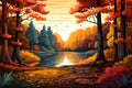 A peaceful pond surrounded by trees vector fall background