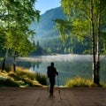 AI-Generated Image of Person with Backpack by Calm Lake, Surrounded by Trees and Mountains Royalty Free Stock Photo