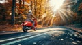 a person rides a scooter on an autumn country road