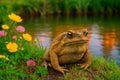AI-Generated Image from a photograph that captures a toad resting at the edge of a tranquil pond, surrounded by vibrant Royalty Free Stock Photo