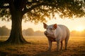 AI generated image of a pig under a large tree at sunrise on a farm, with soft warm light and cool shadows. The scene captures Royalty Free Stock Photo