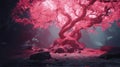 Pink glowing tree in dark forest landscape Royalty Free Stock Photo