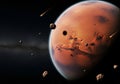 AI generated image, Planet Mars in Deep Space Surrounded by Flying Meteors Royalty Free Stock Photo