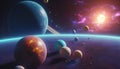 an image of planets and stars in space solar system arrangement, with bright sun and milkyway