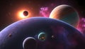 an image of planets and stars in space solar system, with sun and pink milkyway