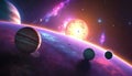 an image of planets and stars in space solar systems, with sun and pink milkyway