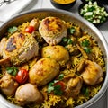 AI generated image of a plate of spicy chicken biriyani with eggs and served hot