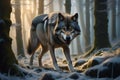 AI-generated image portrays a dangerous wolf confidently walking along a rainforest pathway.