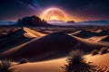 AI-generated image portrays a desert at night, featuring vivid and realistic colors Royalty Free Stock Photo