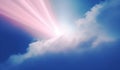 Presence of the Savior. Beautiful blue sky with white clouds and sun rays Royalty Free Stock Photo