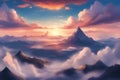 Cloudy sunset mountains peaks-poking out of the clouds anime Royalty Free Stock Photo